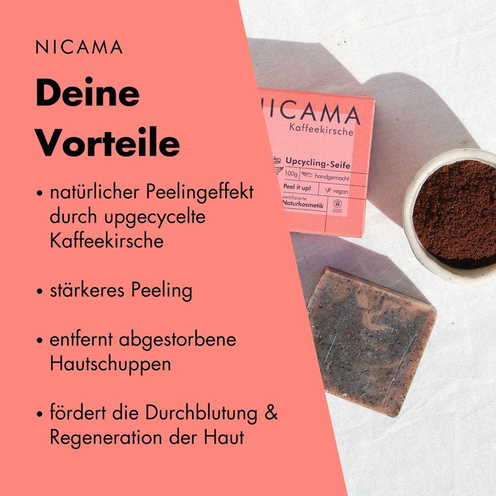 Werbebild für NICAMA Kaffee-Kirsch-Seife mit Hervorhebung der Vorteile wie natürlichem Peeling und Hautregeneration, begleitet von einem Foto der Seife und Kaffeesatz.