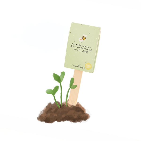 Illustration von jungen Pflänzchen in Erde mit einem Schild, auf dem ein Spruch und eine Hummel abgebildet sind.
