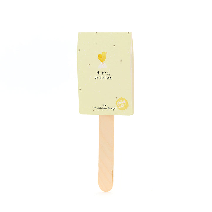 Gelbe Karte mit Küken-Illustration und Text "Hurra, du bist da!" auf einem Holzstab.