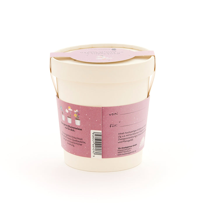 Beiger Blumentopf mit rosa Etikett, auf dem Informationen und Platz für „von“ und „für“ stehen.